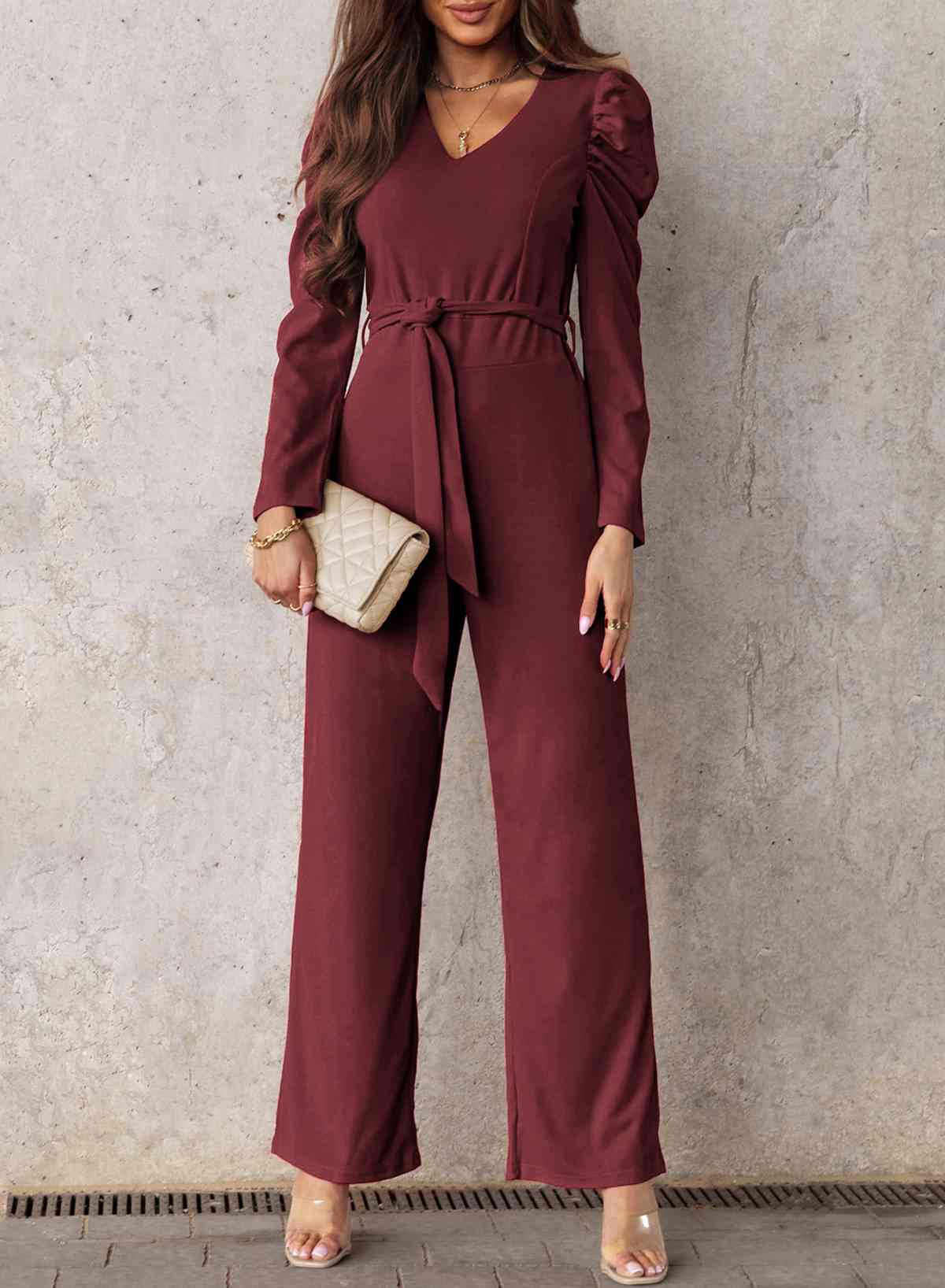 Belted Long Puff Sleeve V-Neck Jumpsuit Casual Wear Trendsi Wine / S