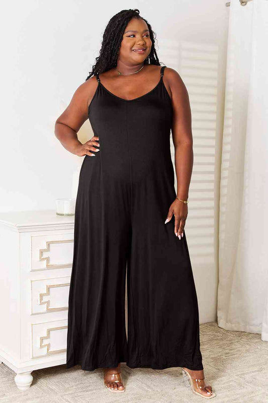 Double Take Full Size Soft Rayon Spaghetti Strap Tied Wide Leg Jumpsuit Trendsi