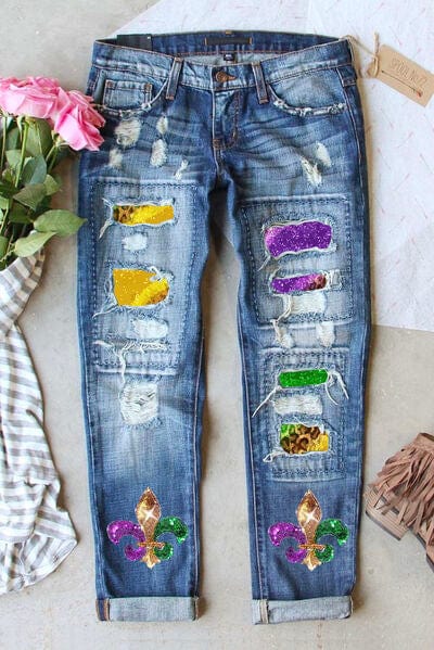 Mardi Gras Sequin Distressed Straight Jeans Graphic Apparel Trendsi Medium / 4