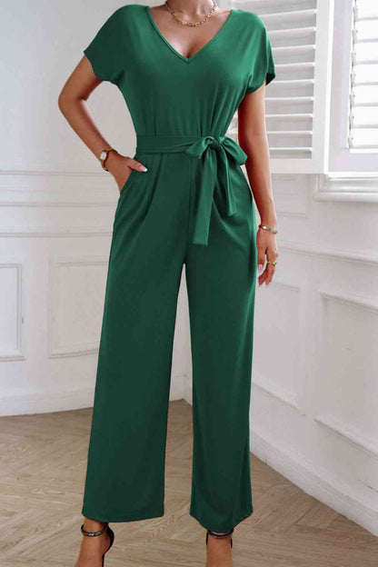 Tie Waist V-Neck Short Sleeve Jumpsuit Trendsi Green / S