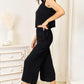 Double Take Buttoned Round Neck Tank and Wide Leg Pants Set Jumpsuits Trendsi