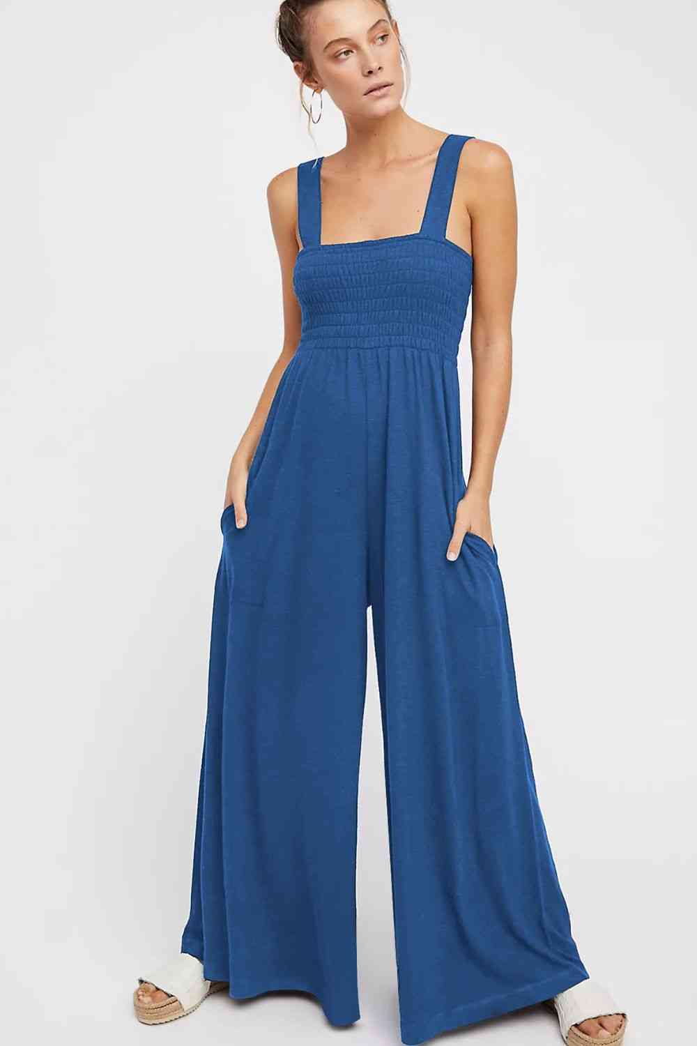Smocked Square Neck Wide Leg Jumpsuit with Pockets Jumpsuits & Rompers Trendsi Dusty  Blue / S