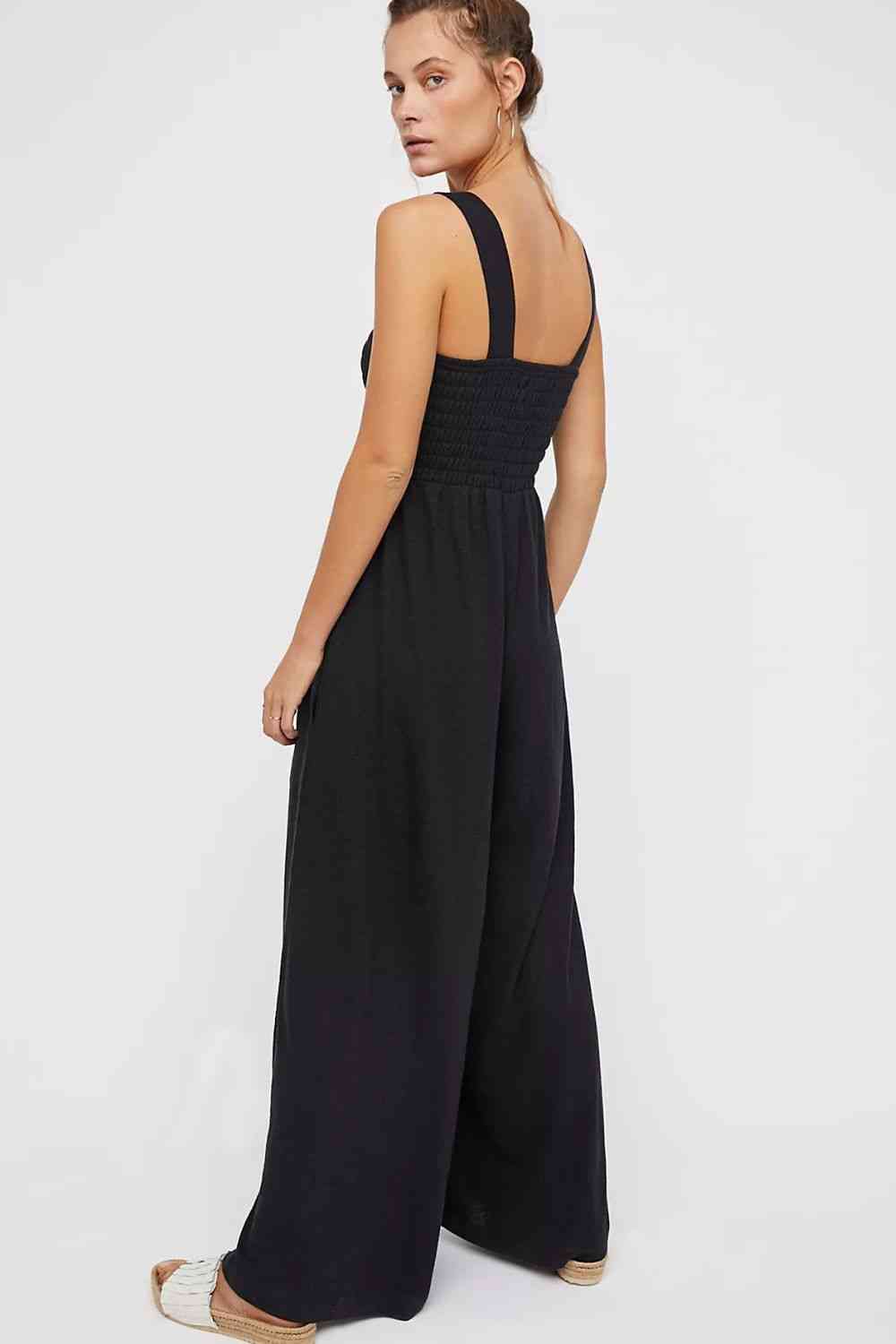 Smocked Square Neck Wide Leg Jumpsuit with Pockets Jumpsuits & Rompers Trendsi