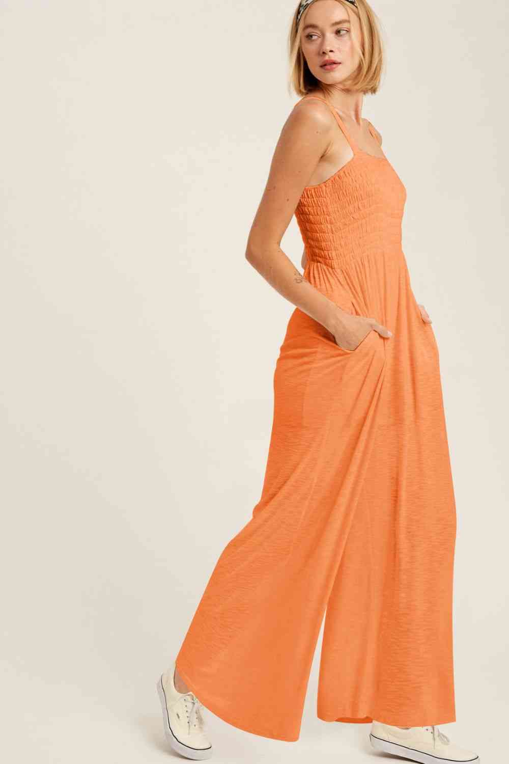 Smocked Square Neck Wide Leg Jumpsuit with Pockets Jumpsuits & Rompers Trendsi Tangerine / S