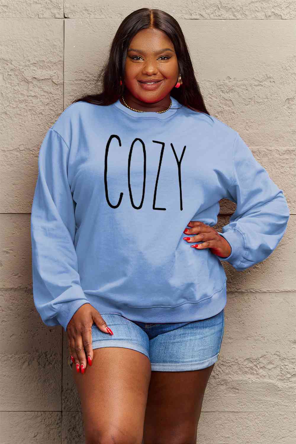 Simply Love Full Size COZY Graphic Sweatshirt Trendsi Pastel  Blue / S