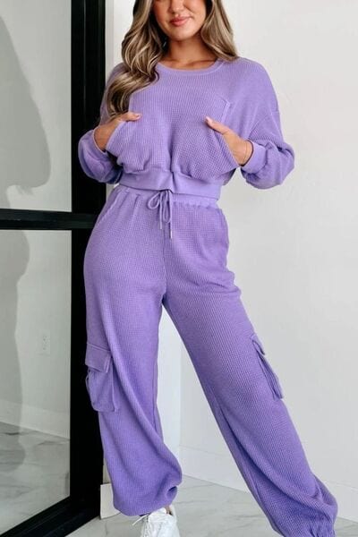 Waffle-knit Top and Drawstring Joggers Set Trendsi Purple / S