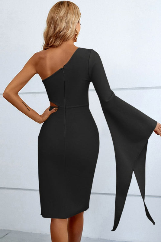 Cutout Split Flare Sleeve One-Shoulder Dress short dress Trendsi