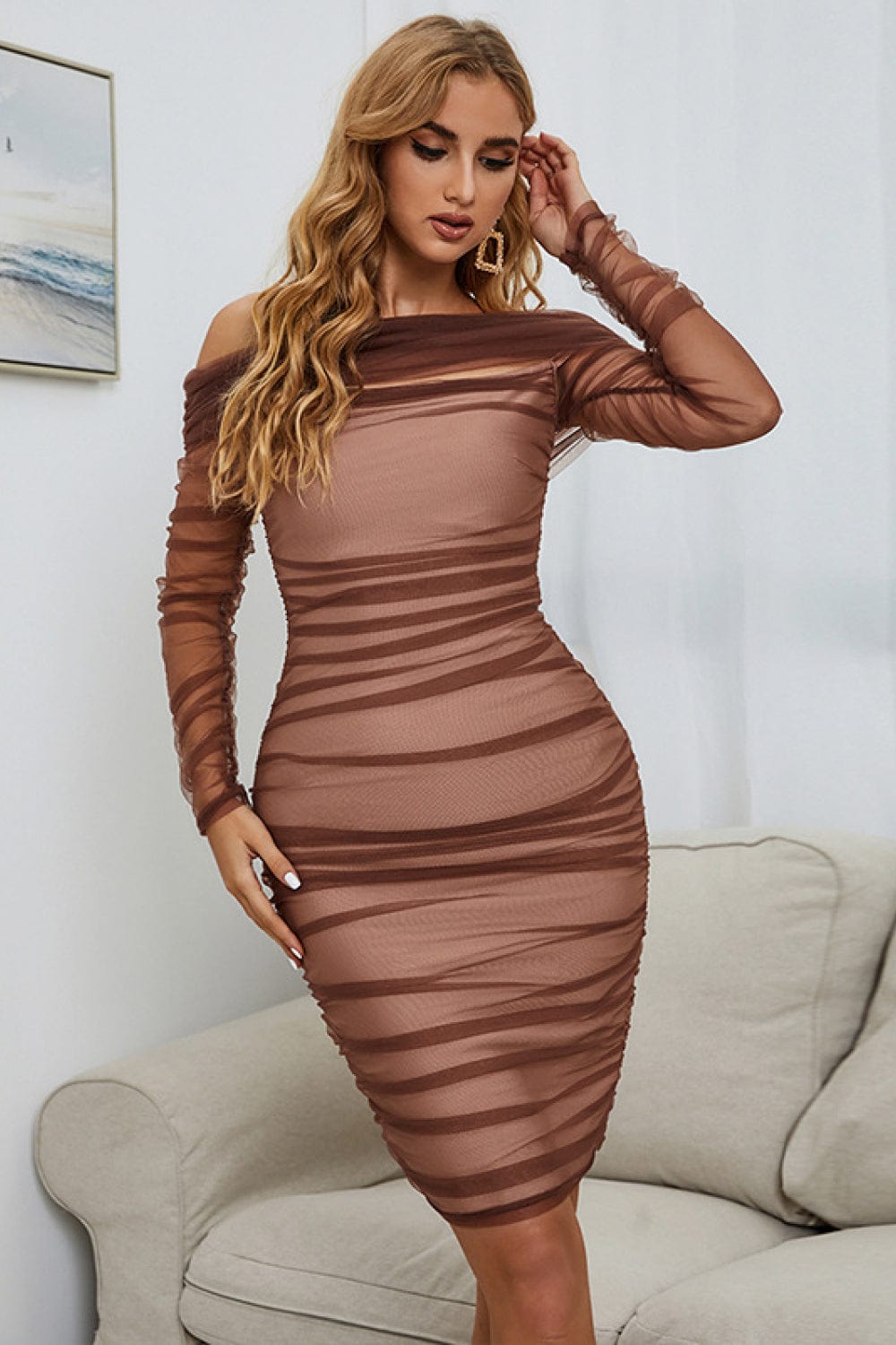 Off-Shoulder Ruched Long Sleeve Tulle Dress short dress Trendsi