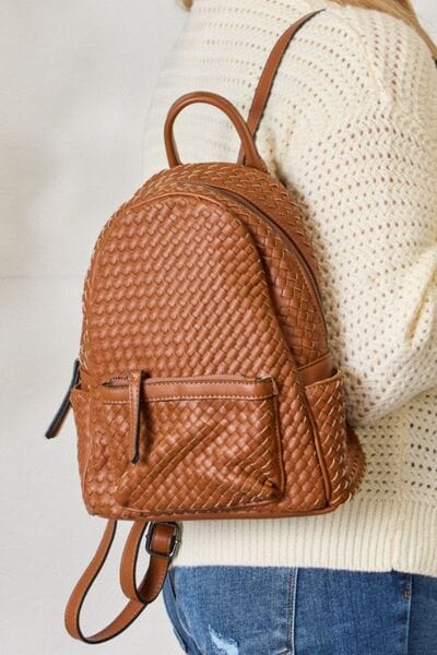 SHOMICO PU Leather Woven Backpack Trendsi TAN / One Size