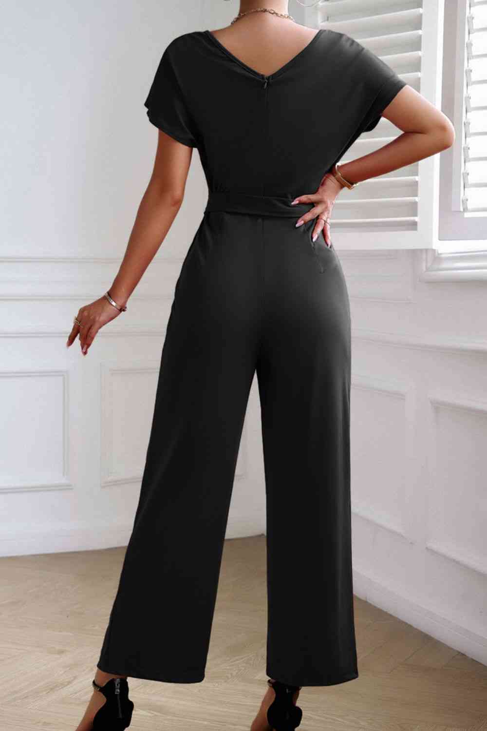 Tie Waist V-Neck Short Sleeve Jumpsuit Trendsi