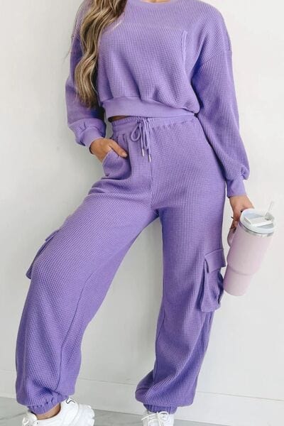 Waffle-knit Top and Drawstring Joggers Set Trendsi