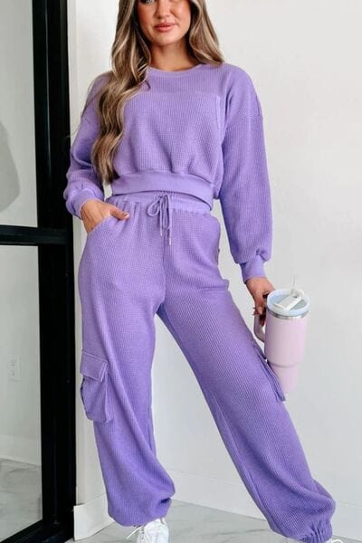 Waffle-knit Top and Drawstring Joggers Set Trendsi