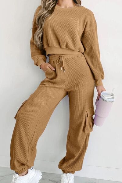 Waffle-knit Top and Drawstring Joggers Set Trendsi