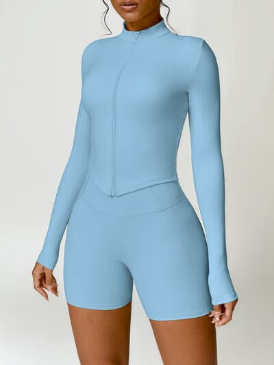 Zip Up Mock Neck Long Sleeve Active Outerwear Yoga Set Trendsi Pastel  Blue / S