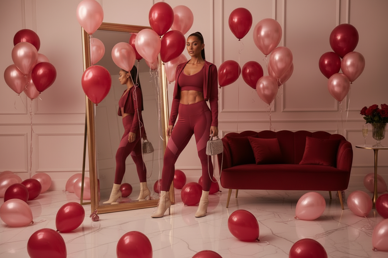 Valentine's Day Red and Pink balloons with lady stand next to an elegant mirror